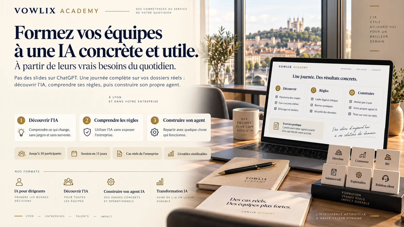 Vowlix Academy : une journée de formation IA en trois temps — découvrir l'IA sans jargon, comprendre les règles pour l'utiliser sans exposer l'entreprise, construire son propre agent. Jusqu'à 10 participants, session en 15 jours, cas réels de l'entreprise, livrables réutilisables. À Lyon et dans votre entreprise.