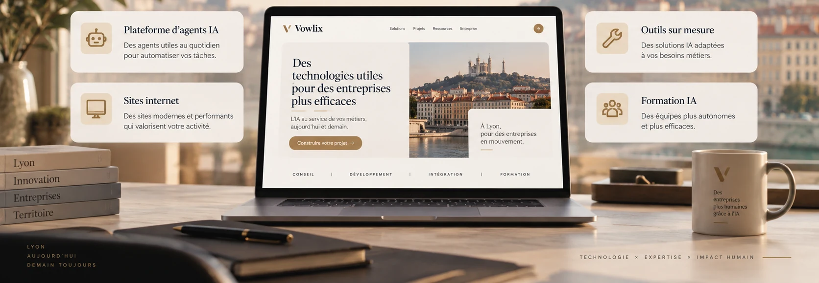 Les quatre offres Vowlix : plateforme d'agents IA pour automatiser vos tâches, outils sur mesure adaptés à vos besoins métiers, sites internet modernes et performants, formation IA pour des équipes autonomes.