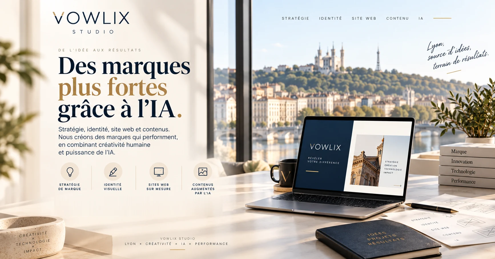 Vowlix Studio : stratégie de marque, identité visuelle, sites web sur mesure et contenus augmentés par l'IA. Des marques plus fortes grâce à l'IA, de l'idée aux résultats.